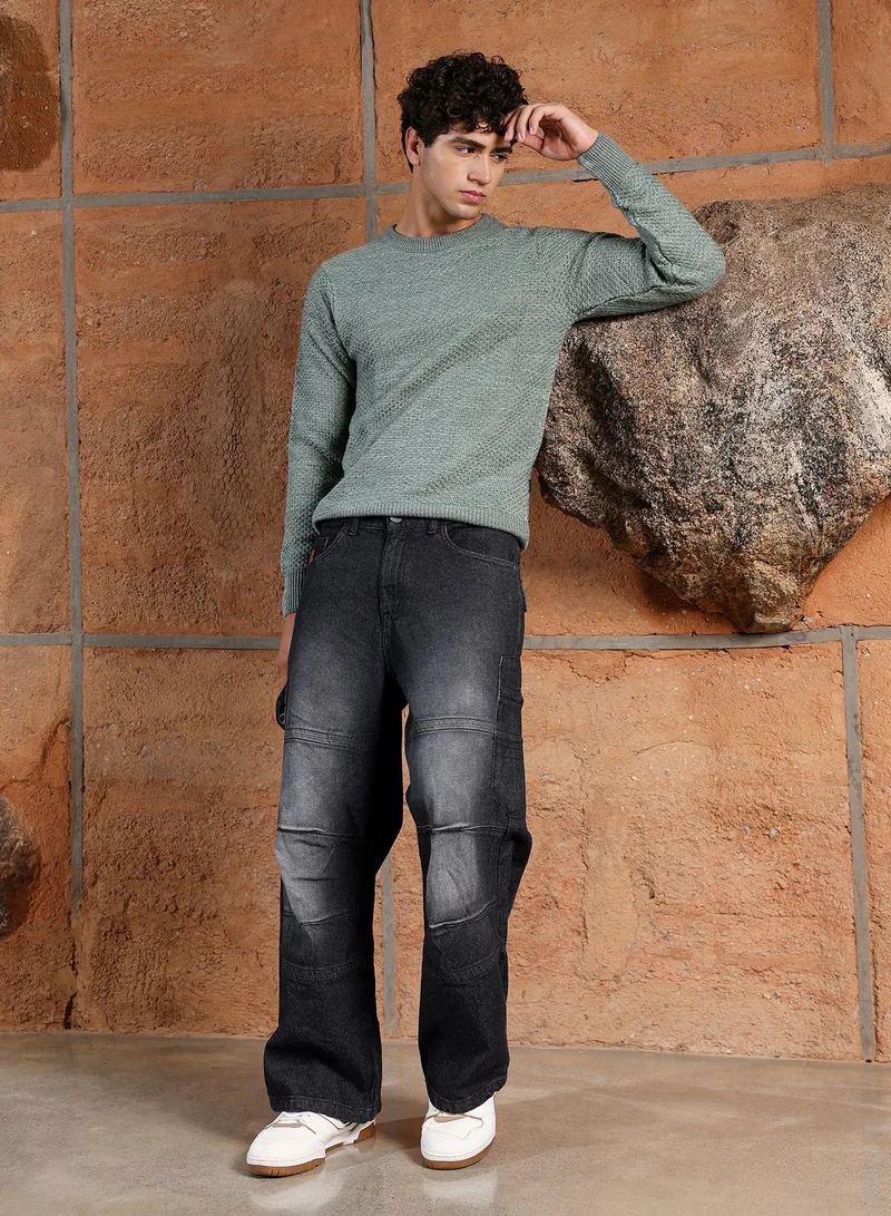 Campus Sutra Campus Sutra Men's Sage Green Geo-Jacquard Knit Pullover Sweater | Round Neck , Ribbed Cuff Sleeves , Pull On Closure , Ribbed-Straight Hem | Solid Jacquard For Casual & Daily Wear