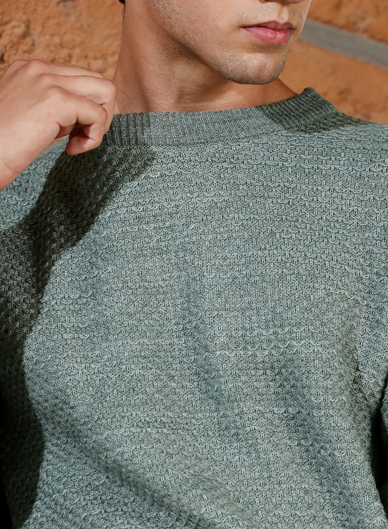 Campus Sutra Campus Sutra Men's Sage Green Geo-Jacquard Knit Pullover Sweater | Round Neck , Ribbed Cuff Sleeves , Pull On Closure , Ribbed-Straight Hem | Solid Jacquard For Casual & Daily Wear