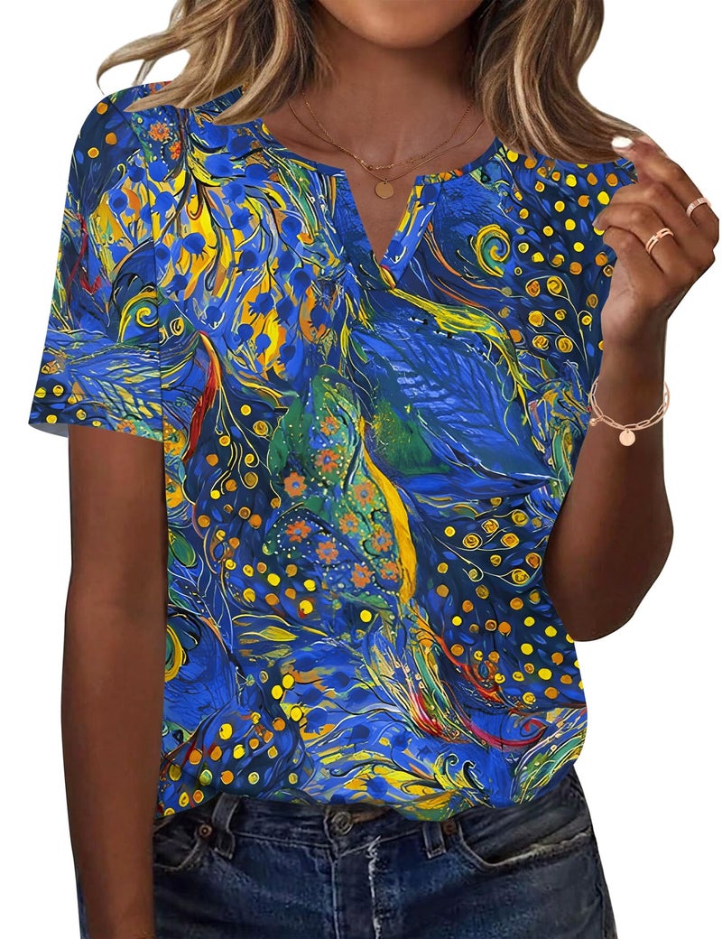 LOMON Flowy Tops for Women V Neck T Shirts Loose Fit Short Sleeve Summer Blouses Dressy Casual Basic Tee (Deep Blue Leaf, S) - Image 1