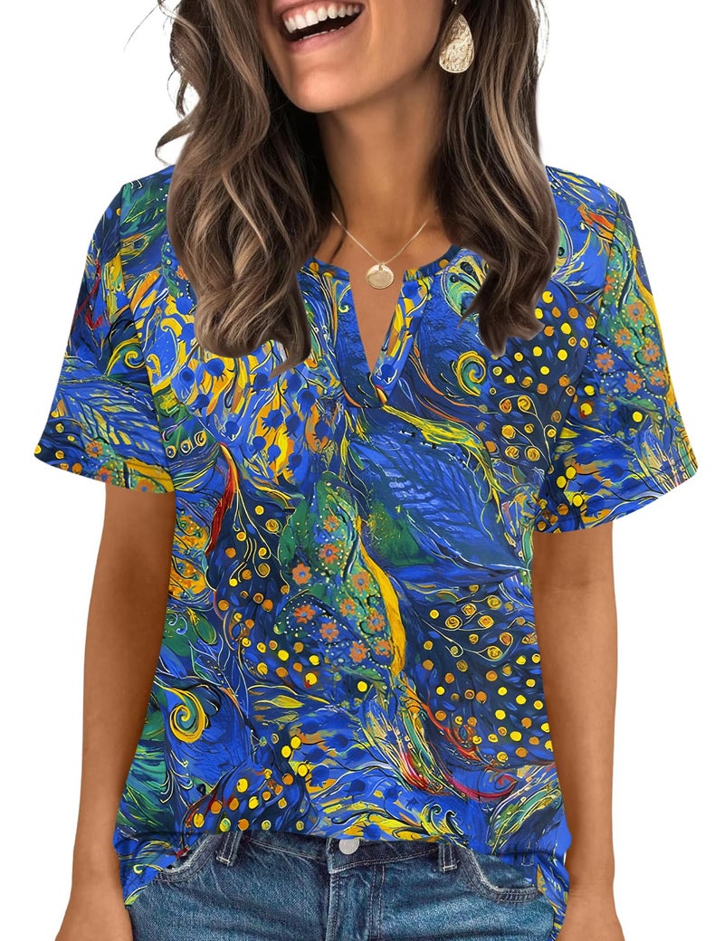 LOMON Flowy Tops for Women V Neck T Shirts Loose Fit Short Sleeve Summer Blouses Dressy Casual Basic Tee (Deep Blue Leaf, S) - Image 2