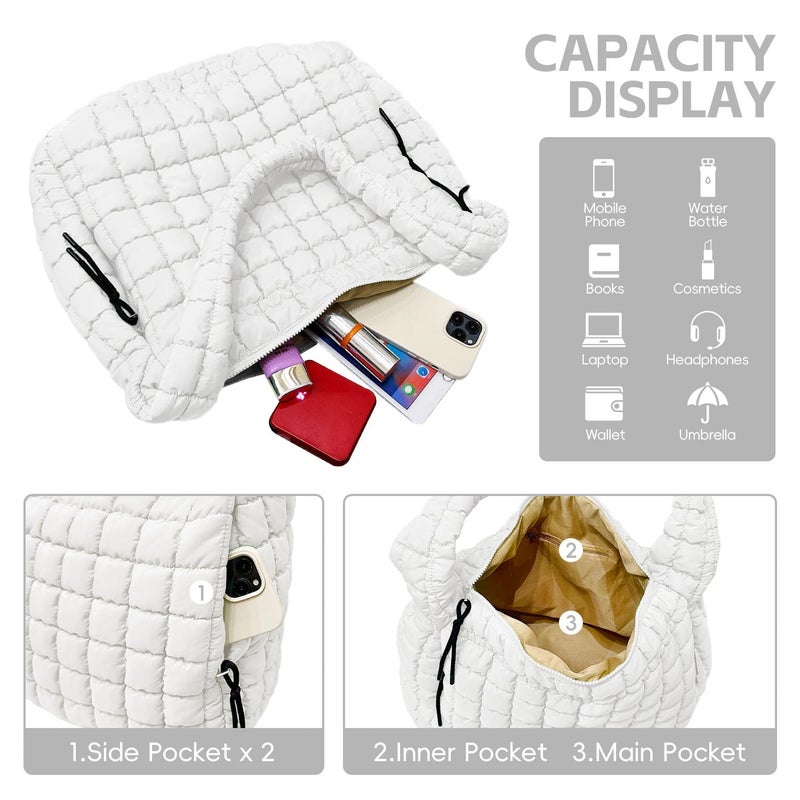 Bagtopia Puffer Tote Bag, Large Quilted Puffer Tote Bag, Lightweight Puffy Quilted Hobo Bag, Soft Padded Shoulder Bag, Puff Purse for Work,Gym,Travel, White - Image 5