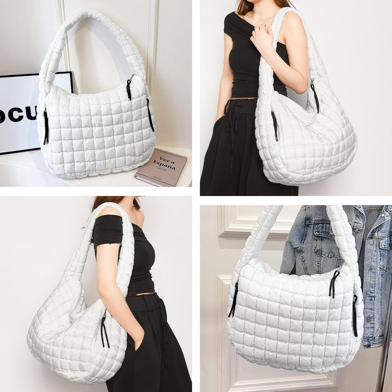 Bagtopia Puffer Tote Bag, Large Quilted Puffer Tote Bag, Lightweight Puffy Quilted Hobo Bag, Soft Padded Shoulder Bag, Puff Purse for Work,Gym,Travel, White - Image 2