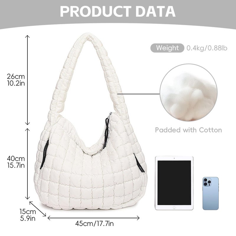 Bagtopia Puffer Tote Bag, Large Quilted Puffer Tote Bag, Lightweight Puffy Quilted Hobo Bag, Soft Padded Shoulder Bag, Puff Purse for Work,Gym,Travel, White - Image 3