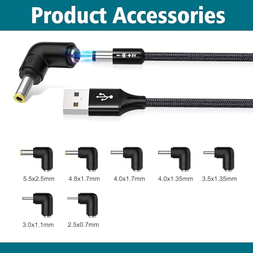 AGVEE 5ft USB to DC 5V Power Cord 5521(5.5x2.1mm) | Braided Nylon & Aluminum Shell | 6pcs DC Adapter Tips | Fast & Durable Charging for CCTV Cameras, Routers, LED Strips, Black - Image 2