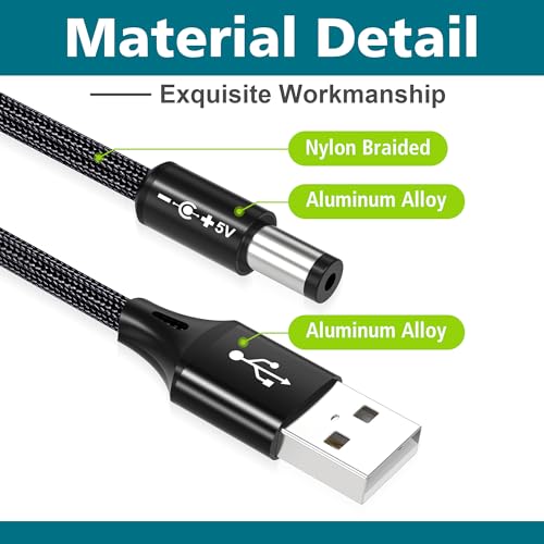 AGVEE 5ft USB to DC 5V Power Cord 5521(5.5x2.1mm) | Braided Nylon & Aluminum Shell | 6pcs DC Adapter Tips | Fast & Durable Charging for CCTV Cameras, Routers, LED Strips, Black - Image 4