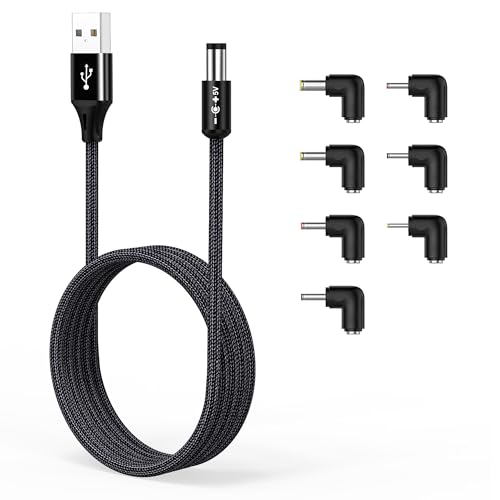 AGVEE 5ft USB to DC 5V Power Cord 5521(5.5x2.1mm) | Braided Nylon & Aluminum Shell | 6pcs DC Adapter Tips | Fast & Durable Charging for CCTV Cameras, Routers, LED Strips, Black - Image 1