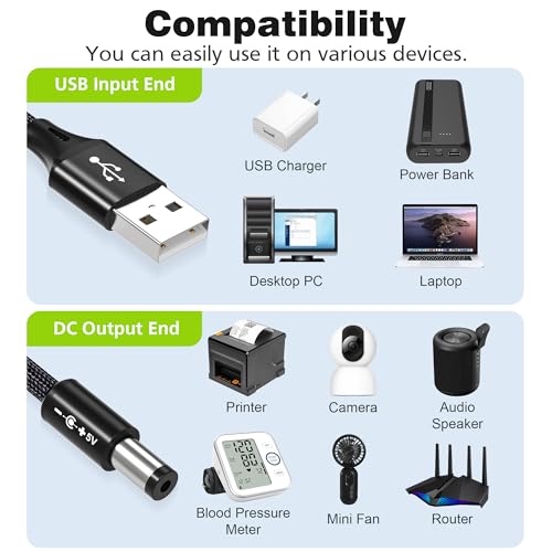 AGVEE 5ft USB to DC 5V Power Cord 5521(5.5x2.1mm) | Braided Nylon & Aluminum Shell | 6pcs DC Adapter Tips | Fast & Durable Charging for CCTV Cameras, Routers, LED Strips, Black - Image 3