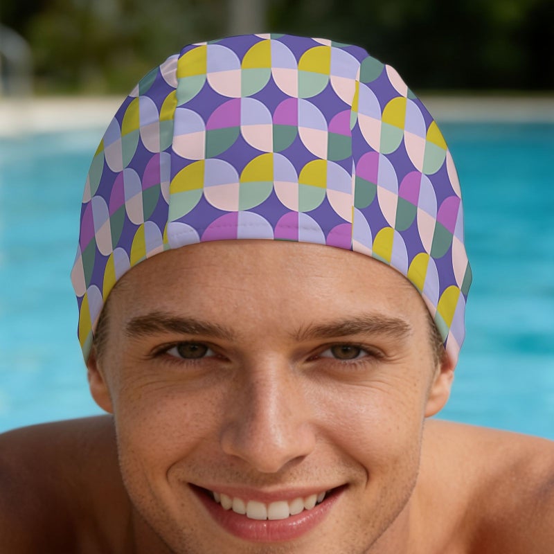 1 Printed Swim Cap 24x16cm Quick Drying Elastic Fabric Unisex Soft Breathable Semi Circular Array Pattern Purple Background for Pool Shower Beach Summer Surfing Swimming Water Sports - Image 1