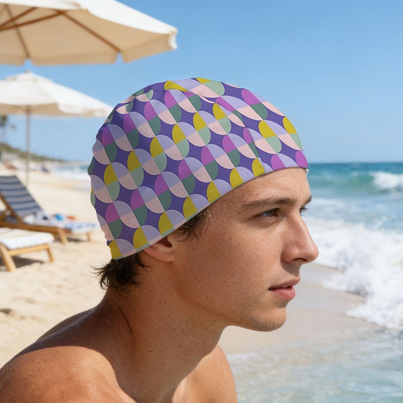 1 Printed Swim Cap 24x16cm Quick Drying Elastic Fabric Unisex Soft Breathable Semi Circular Array Pattern Purple Background for Pool Shower Beach Summer Surfing Swimming Water Sports - Image 2
