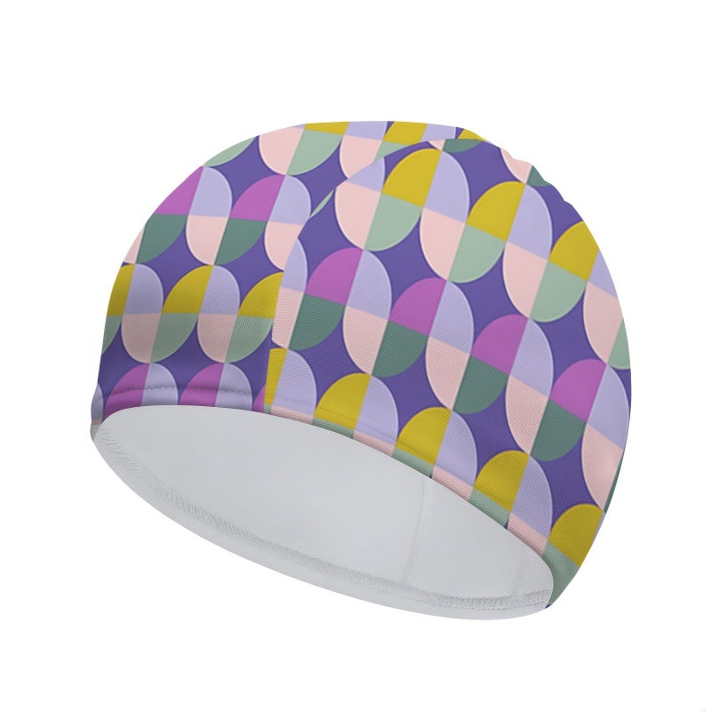 1 Printed Swim Cap 24x16cm Quick Drying Elastic Fabric Unisex Soft Breathable Semi Circular Array Pattern Purple Background for Pool Shower Beach Summer Surfing Swimming Water Sports - Image 3