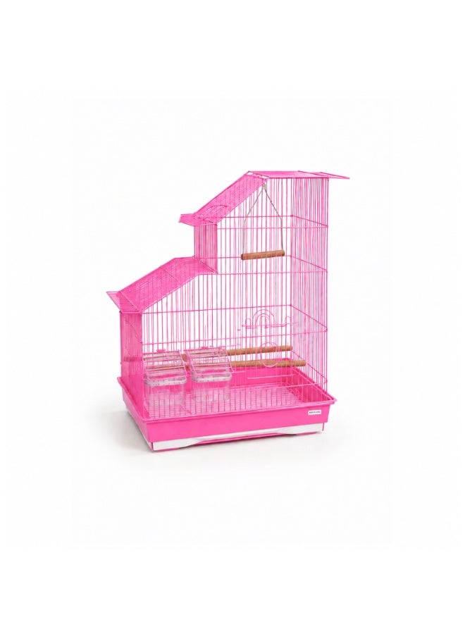 Dayang A3514 Pink Bird Cage - Unique Split-Level House Design with Wooden Perch, Hanging Swing, 2 Feeding Cups & Pull-Out Tray for Budgies, Canaries, Finches & Lovebirds, 38x25x53cm, Fits 4-6 Birds - Image 2
