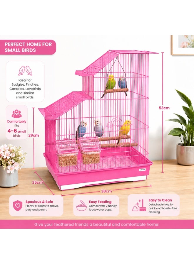 Dayang A3514 Pink Bird Cage - Unique Split-Level House Design with Wooden Perch, Hanging Swing, 2 Feeding Cups & Pull-Out Tray for Budgies, Canaries, Finches & Lovebirds, 38x25x53cm, Fits 4-6 Birds - Image 3