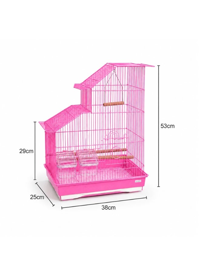 Dayang A3514 Pink Bird Cage - Unique Split-Level House Design with Wooden Perch, Hanging Swing, 2 Feeding Cups & Pull-Out Tray for Budgies, Canaries, Finches & Lovebirds, 38x25x53cm, Fits 4-6 Birds - Image 1