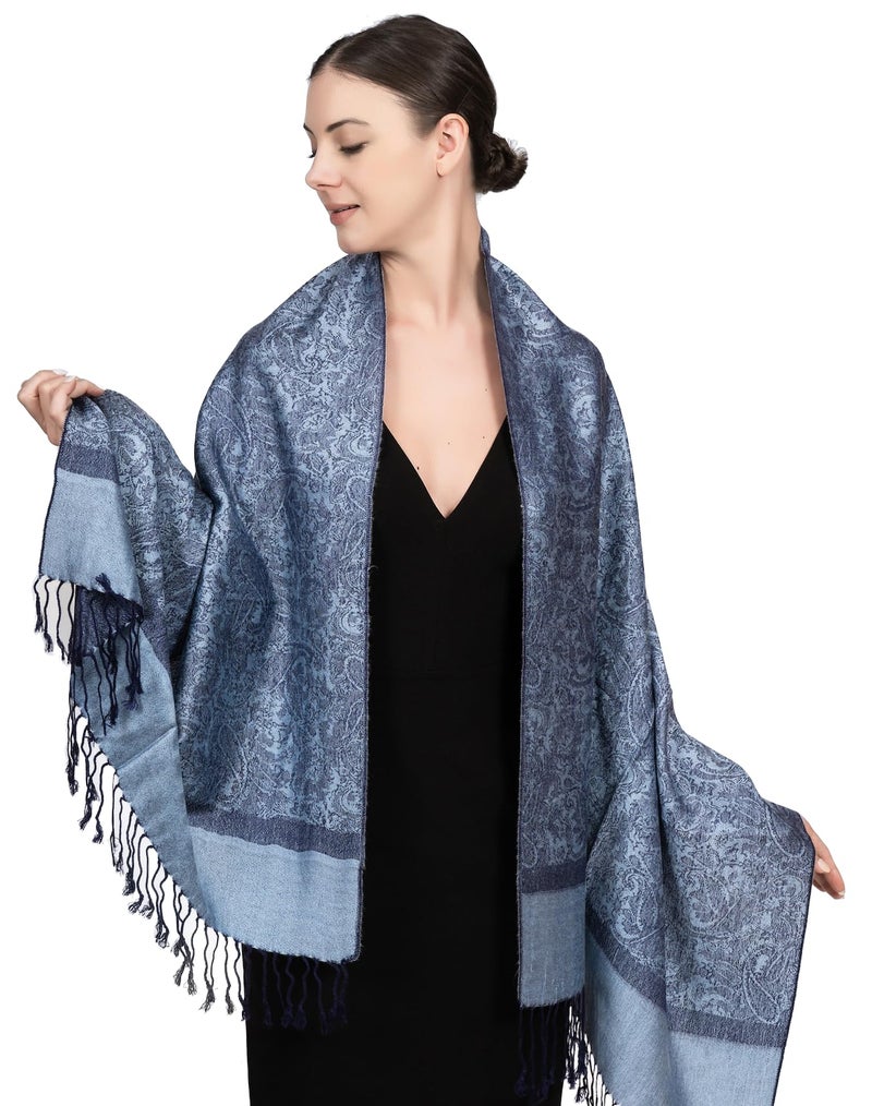 Achillea Two Tone Vintage Jacquard Paisley Pashmina Shawl Wrap Scarf (Steel Blue) - Image 2