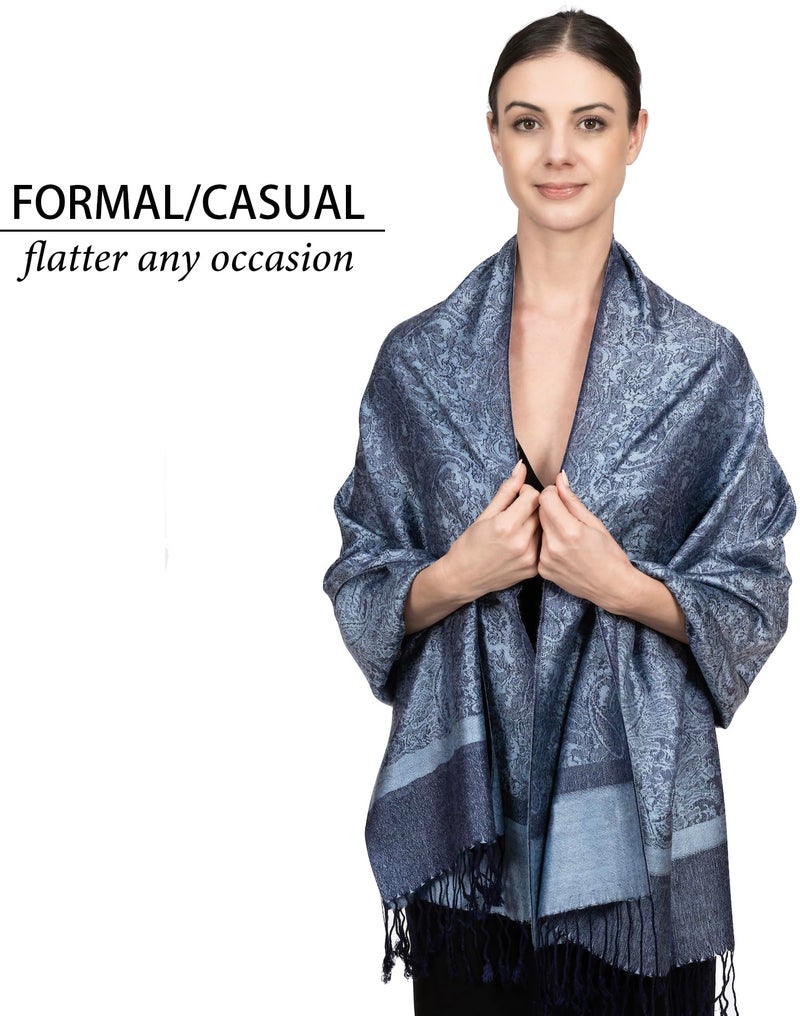 Achillea Two Tone Vintage Jacquard Paisley Pashmina Shawl Wrap Scarf (Steel Blue) - Image 4