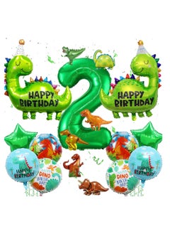 Dinosaur Birthday Decorations for 2 Year Old Boys, 2nd Birthday Dino Party Set with Number 2 Balloon, Dinosaur-Shaped & Round Aluminum Film Balloons, Jungle Theme Dinosaur Party Supplies