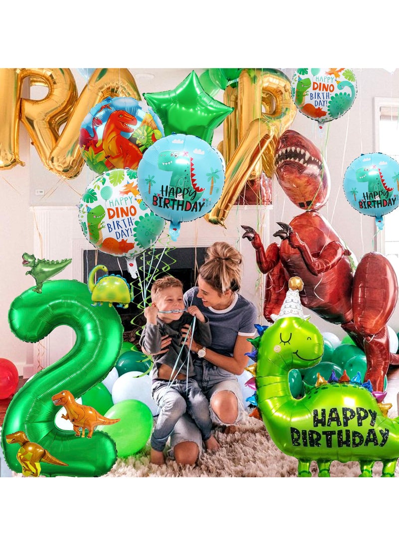 SYOSI - Dinosaur Birthday Decorations for 2 Year Old Boys, 2nd Birthday Dino Party Set with Number 2 Balloon, Dinosaur-Shaped & Round Aluminum Film Balloons, Jungle Theme Dinosaur Party Supplies - Image 1