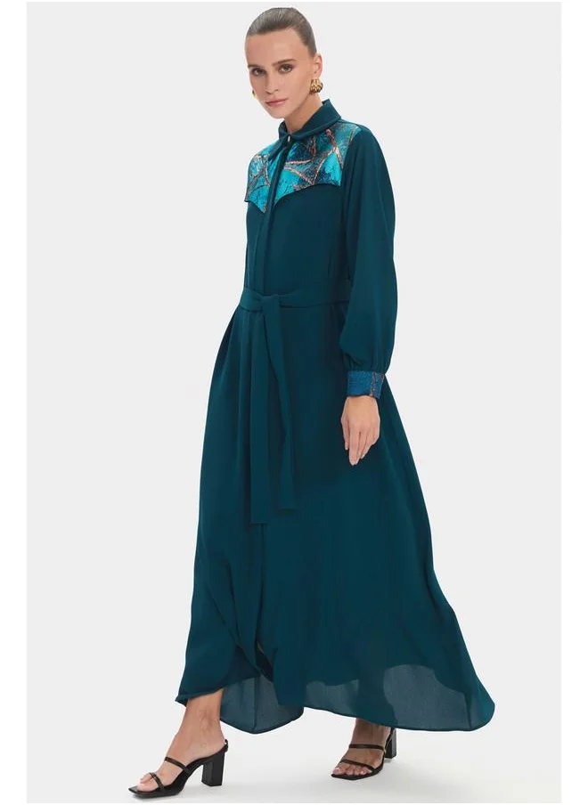 جون June Women Shirt Neck Embroidered Detail Belted Maxi Dress Teal