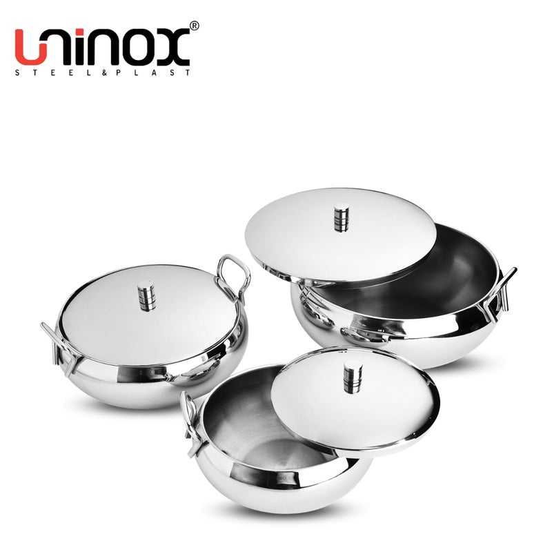 Uninox Premium Stainless Steel Handi Set with Lid Stylish Durable and Easy to Clean Perfect Cookware & Serving Bowls Set (Handi Set 3 800 ML 1100 ML 1750 ML) - Image 3