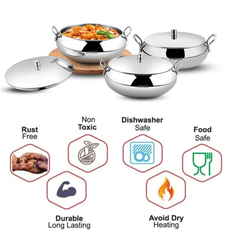 Uninox Premium Stainless Steel Handi Set with Lid Stylish Durable and Easy to Clean Perfect Cookware & Serving Bowls Set (Handi Set 3 800 ML 1100 ML 1750 ML) - Image 5
