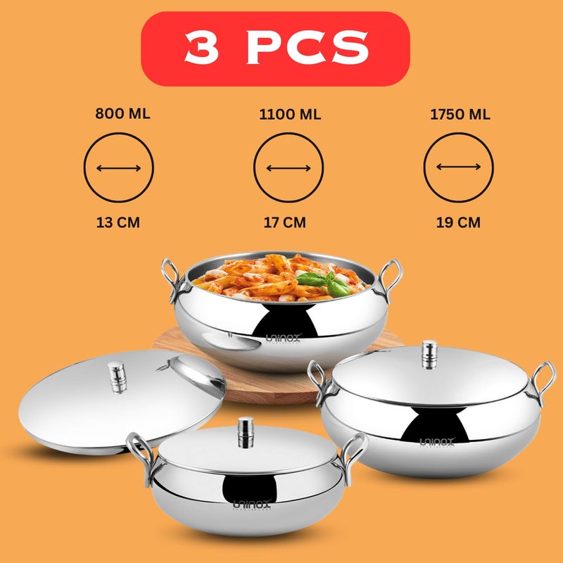 Uninox Premium Stainless Steel Handi Set with Lid Stylish Durable and Easy to Clean Perfect Cookware & Serving Bowls Set (Handi Set 3 800 ML 1100 ML 1750 ML) - Image 2