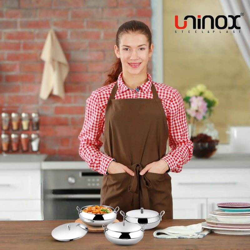 Uninox Premium Stainless Steel Handi Set with Lid Stylish Durable and Easy to Clean Perfect Cookware & Serving Bowls Set (Handi Set 3 800 ML 1100 ML 1750 ML) - Image 4
