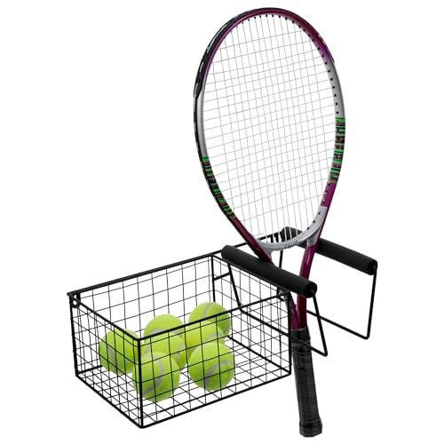 MyGift Hanging Metal Tennis Racquet and Tennis Ball Storage Basket Rack, Wall Mounted Racket Holder - Image 1