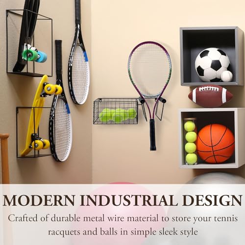 MyGift Hanging Metal Tennis Racquet and Tennis Ball Storage Basket Rack, Wall Mounted Racket Holder - Image 2