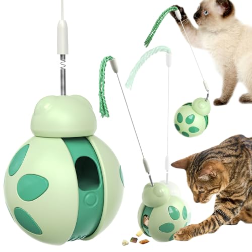 Monotre Cat Treat Interactive Toy Indoor Puzzle Slow Feeding Mental Stimulation Sliding Rolling Cat Toy Ball with Cat Teaser Cat Treat Dispenser Toy for Large Medium and Small Cats Green ladybug - Image 1