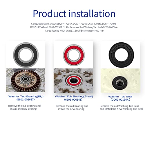 Sunluway Replacement for Samsung Washer Bearing and Seal Kit Fit for Samsung DC97-17004A DC97-17004B DC97-17004E DC97-17040B DC62-00156A DC97-19636A WF393 WF395 WF24H WF405 WF42H 6601-002637 6601-000148 - Image 3