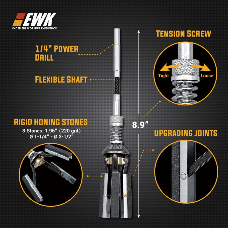 EWK 1-1/4 to 3-1/2 Inch Adjustable Engine Cylinder Hone Tool â€“ 3-Stone 220 Grit Steel Deglazer for Automotive & Motorcycle, 1/4â€³ Drive, Remove & Re-finish Cylinder Walls Safe, Smooth, Damage-Free - Image 2