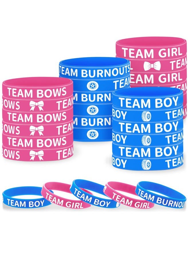 Civaner 48 Pcs Burnouts or Bows Gender Reveal Silicone Wristbands Team Boy Team Girl Bracelets Gender Reveal Bracelets for Baby Shower Gender Reveal Party Favors, Blue and Pink - Image 1