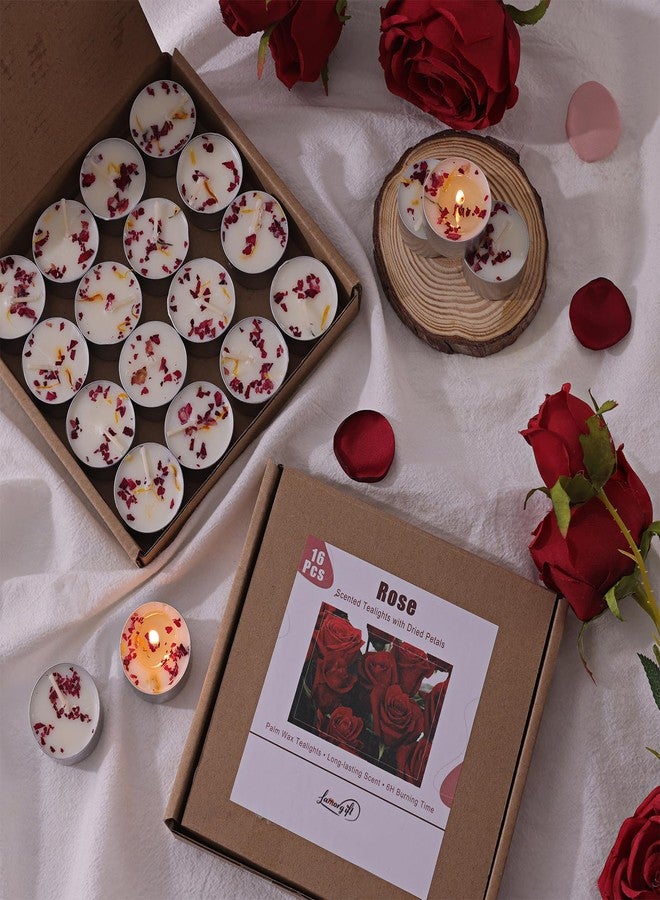 LAMORGIFT 16 Pcs Rose Scented Tealight Candles, 6H Long Burning - 100% Palm Wax Based Scented Tea Lights with Dried Flowers, Non-Toxic/Smokeless Scented Tea Lights Candles for Spa, Bath, Wedding, Valentine - Image 2