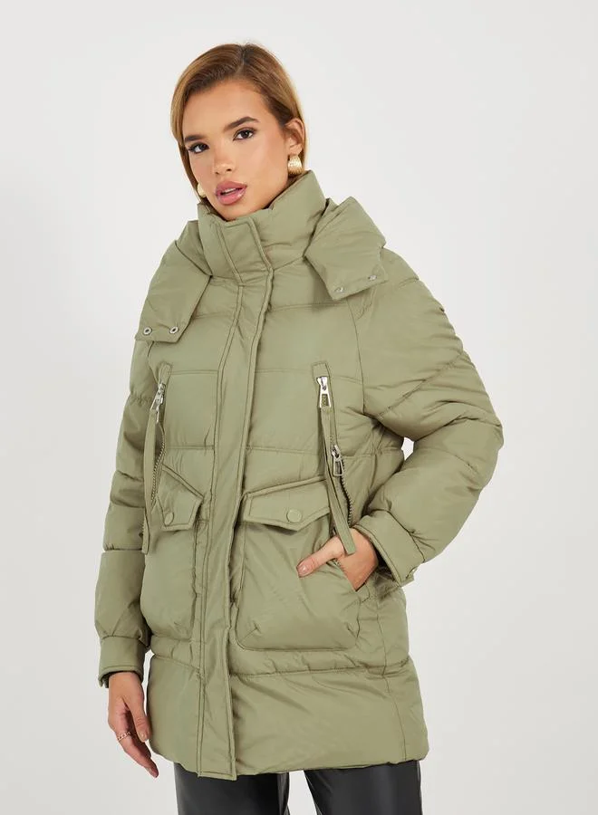 Styli Regular Fit Longline Padded Coat with Hood