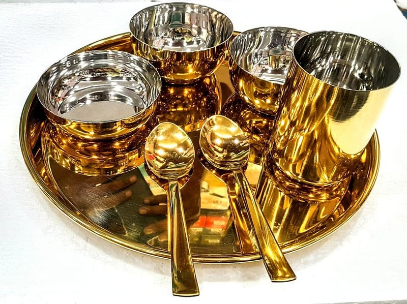 DiBha DiBha Stainless Steel Dinner Pooja Thali Set 7 Piece with PVD Coating Gold - Image 1