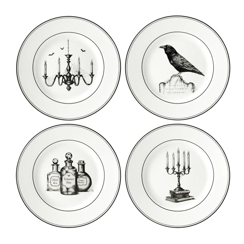 Lenox Dinnerware Set, Vintage Halloween 4-Piece Dessert Plate Set, Assorted, Set of 4 Ivory Porcelain Plates, Dishwasher Safe, Halloween Decor Indoor, Party Table Decorations (Black/White, 4 Piece) - Image 1
