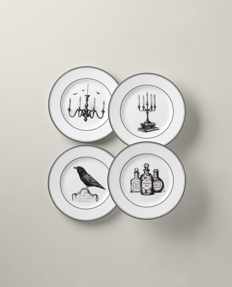 Lenox Dinnerware Set, Vintage Halloween 4-Piece Dessert Plate Set, Assorted, Set of 4 Ivory Porcelain Plates, Dishwasher Safe, Halloween Decor Indoor, Party Table Decorations (Black/White, 4 Piece) - Image 2
