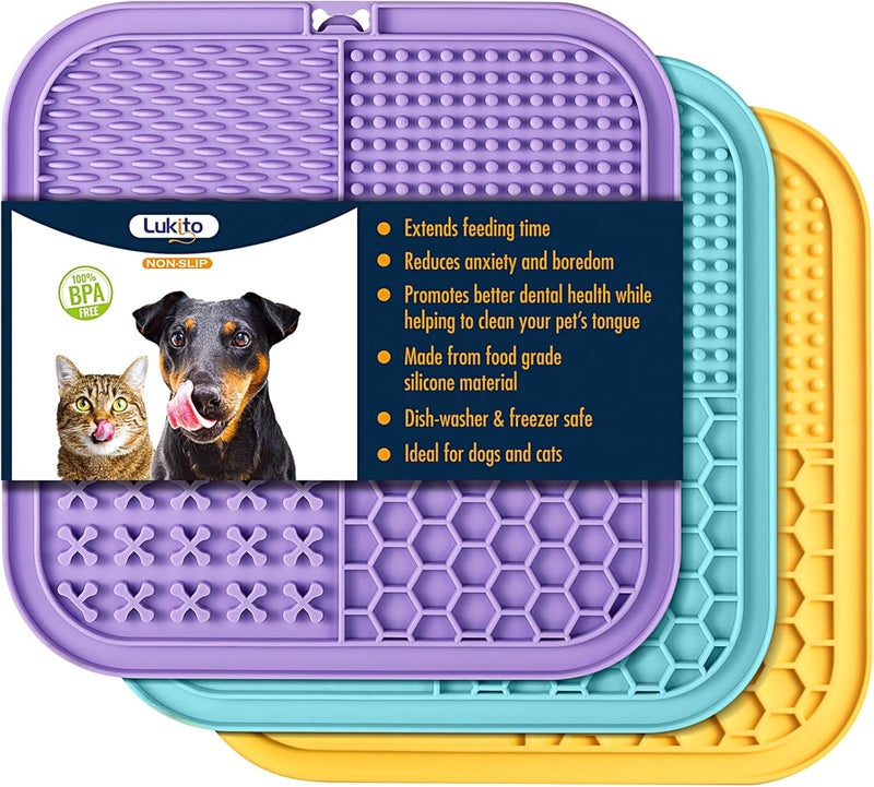 LUKITO 3PCS Licking Mat for Dogs & Cats with Suction Cups, Dog Peanut Butter Lick Pads for Anxiety Relief & Boredom Reducer, Slow Feeder Dog Bowls, Perfect for Bathing, Grooming and Training - Image 1