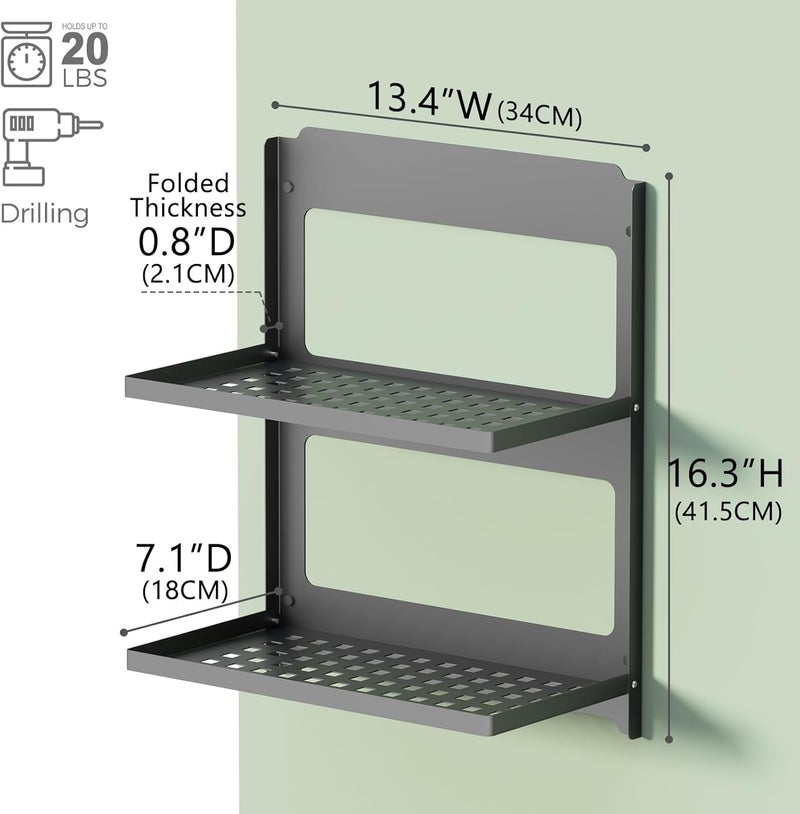 KASTWAVE 2-Tier Foldable Metal Wall Shelf, Space Saving Wall Mounted Floating Shelf with Drop Down & Stackable Design, Double Layer Small Storage Rack for Laundry, Bathroom, RV (13.4", Black) - Image 3