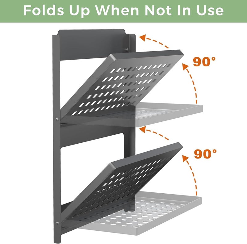 KASTWAVE 2-Tier Foldable Metal Wall Shelf, Space Saving Wall Mounted Floating Shelf with Drop Down & Stackable Design, Double Layer Small Storage Rack for Laundry, Bathroom, RV (13.4", Black) - Image 5