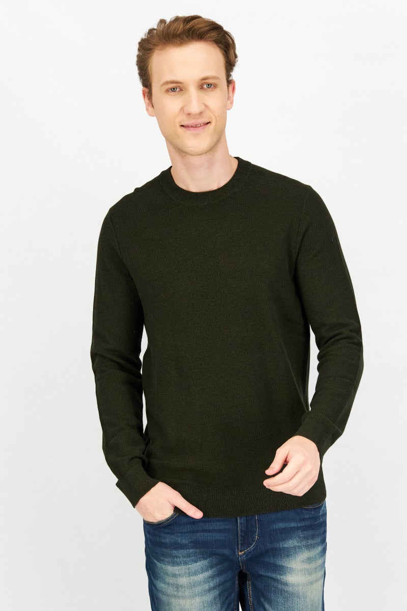 Celio سويت شيرتات صوفية للرجال بأكمام طويلة وياقة دائرية، أخضر داكن - Image 1