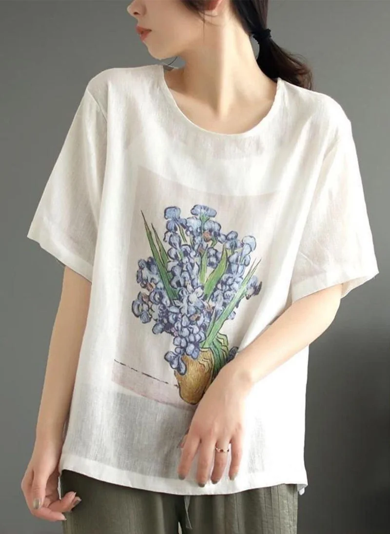 YUNIQEE Off White Round Neck Short Sleeves Printed Top