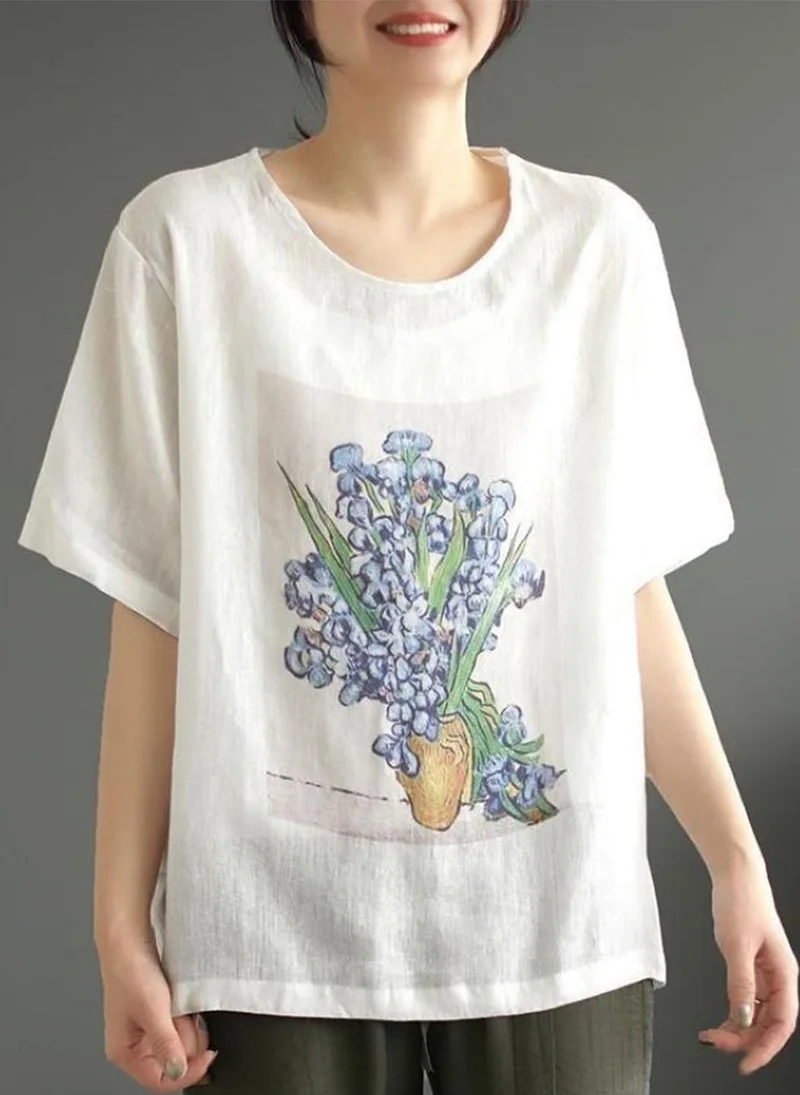 YUNIQEE Off White Round Neck Short Sleeves Printed Top