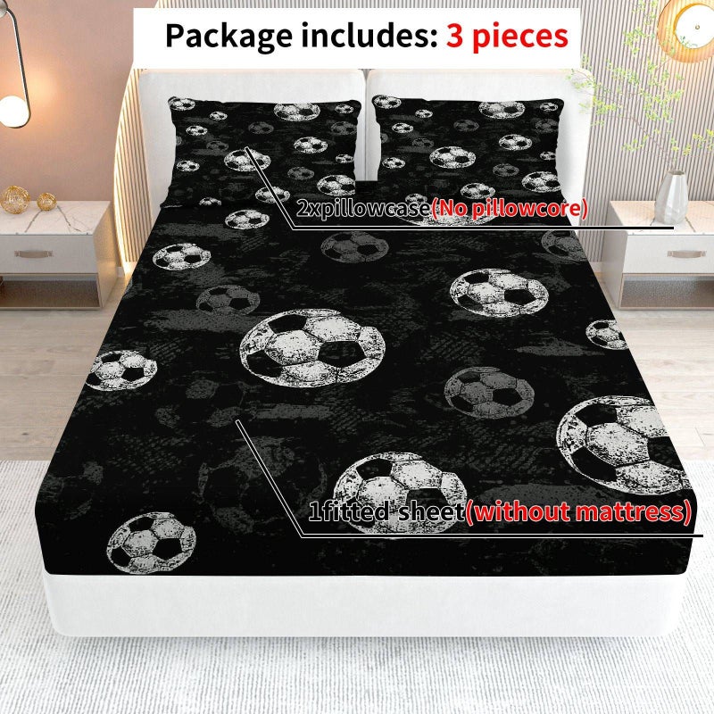 3pcs Mixed Colors Soccer Fitted Sheet Set Gray Black Modern Football Bedding With 2 Pillowcases Breathable Mattress Protector Cover - Image 5