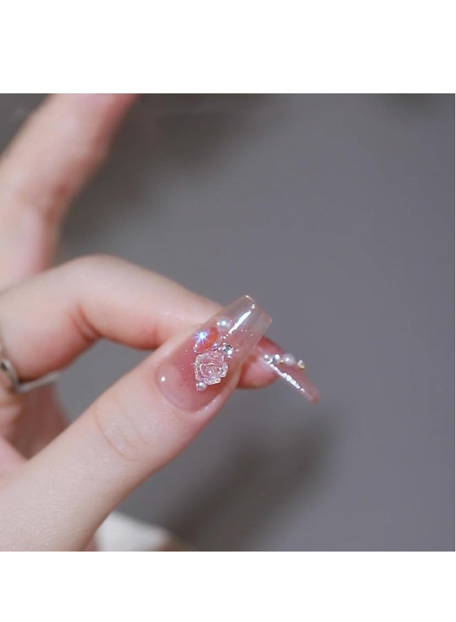 French Tip False Nails  24pcs Press On Nails Long  Ice Soaked Blush Camellia False Nails With Glue Long Coffin Shaped Elegant French Ballet Luxury Design Fake Nails - Image 3