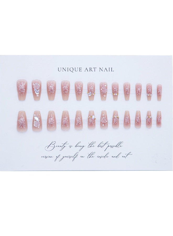 French Tip False Nails  24pcs Press On Nails Long  Ice Soaked Blush Camellia False Nails With Glue Long Coffin Shaped Elegant French Ballet Luxury Design Fake Nails - Image 4