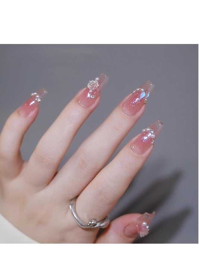 French Tip False Nails  24pcs Press On Nails Long  Ice Soaked Blush Camellia False Nails With Glue Long Coffin Shaped Elegant French Ballet Luxury Design Fake Nails - Image 2