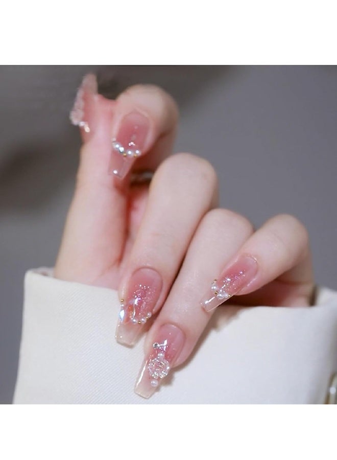 French Tip False Nails  24pcs Press On Nails Long  Ice Soaked Blush Camellia False Nails With Glue Long Coffin Shaped Elegant French Ballet Luxury Design Fake Nails - Image 1