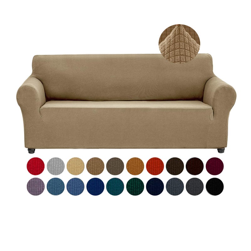 Joccun Stretch Couch Cover Slipcovers 1Piece Sofa Covers for 3 Cushion Couch Spandex Jacquard Washable Furniture Protector Cover for Living RoomKidsPetsSofaTan