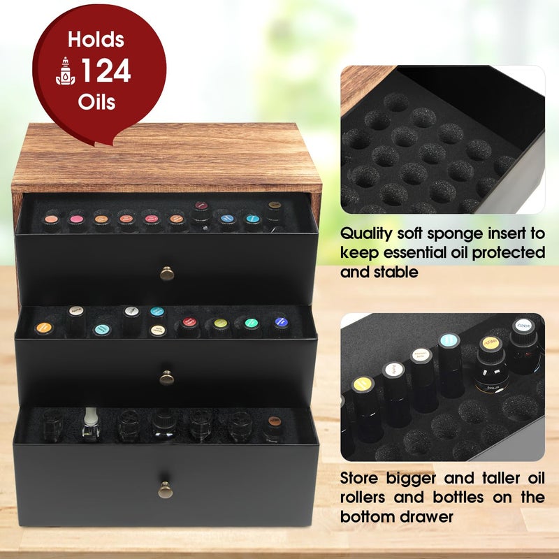 J JACKCUBE DESIGN Essential Oil Storage Box, Holds up to 124 Bottles 5-30 ml Standard and Roller Bottles, 3 Tier Metal & Wooden Drawer Case Organizer Display Container- MK584A - Image 2